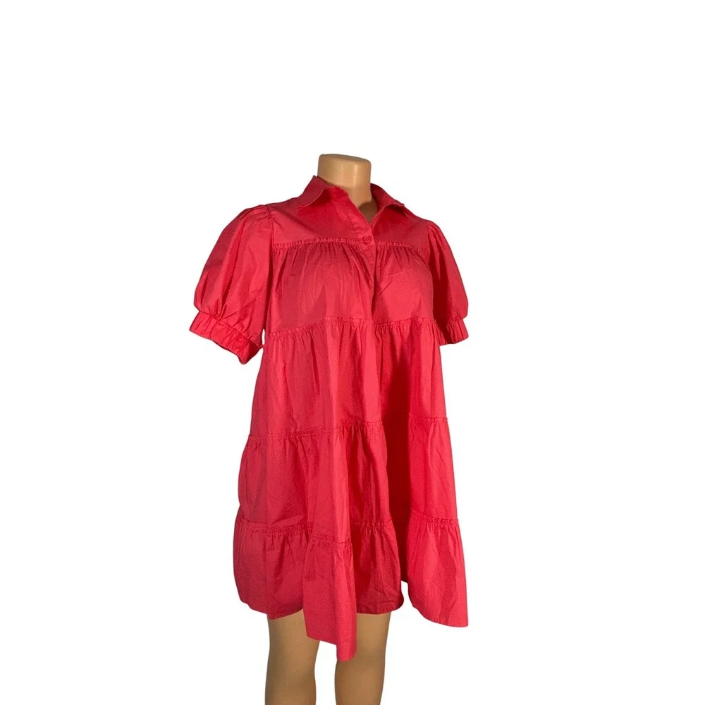 Peixoto Tiered Babydoll Dress Kids Large‎ Pink New Puff Sleeve Button Front